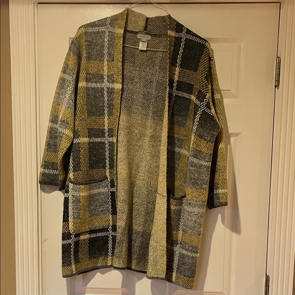 Multiples Plaid Cardigan in Yellow, Gray, and Black